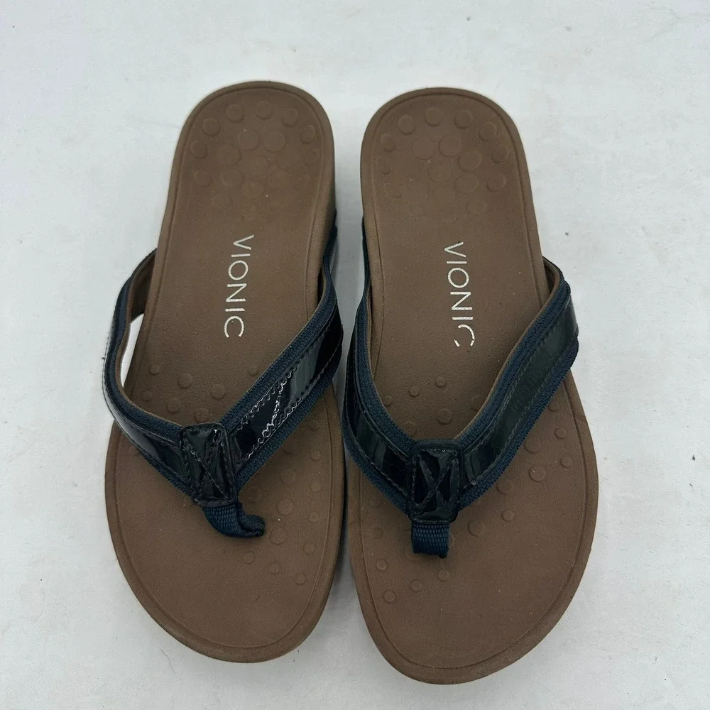 Vionic High Tide Navy Brown Platform Wedge Sandals Womens Size 6 Flip Flops
